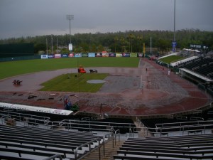 Weather: Torrential hurricane-like downpour aftermath. Field: Pitching mound sliding towards Visitor's dugout...
